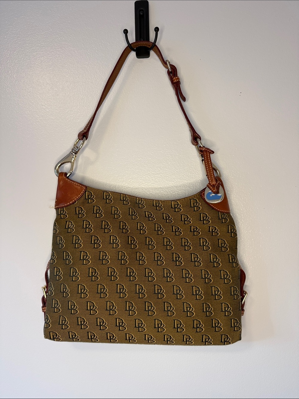 Dooney & Bourke Brown Monogram Canvas Shoulder Bag with Tan Trim